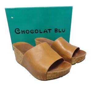 Chocolat Blu Mattie Wedge Leather Womens 6 Camel Brown Cork Sole Slip On Slides